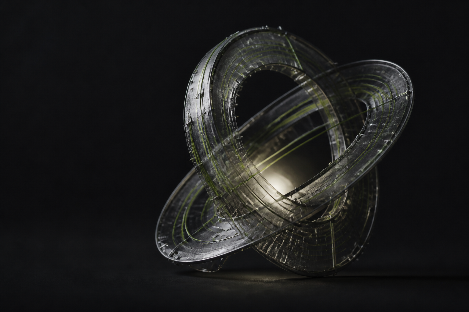 A translucent graphite loop threaded with thin lime signal lines